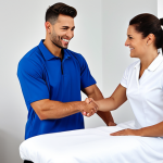 Confident Sports Massage Therapist**

"A professional and confident sports massage therapist in a fully clothed, modest uniform, shaking hands with a client (athlete) in a bright, modern clinic setting. Appropriate attire, perfect anatomy, correct proportions, natural pose, well-formed hands, proper finger count, natural body proportions, safe for work, appropriate content, professional, family-friendly, high quality, detailed."

**