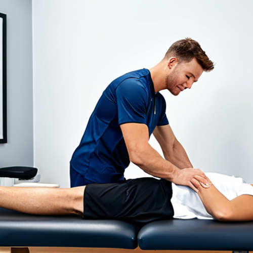 Focused Athlete Recovery**

"A fully clothed male athlete, mid-twenties, receiving a sports massage on his calf muscle from a female therapist in a modern clinic setting. The athlete is relaxed, wearing athletic shorts and a t-shirt. The therapist is focused, wearing professional attire. The clinic is clean and bright with massage tables and anatomical charts visible in the background. Safe for work, appropriate content, professional, modest, perfect anatomy, natural proportions, high quality photography, family-friendly."

**