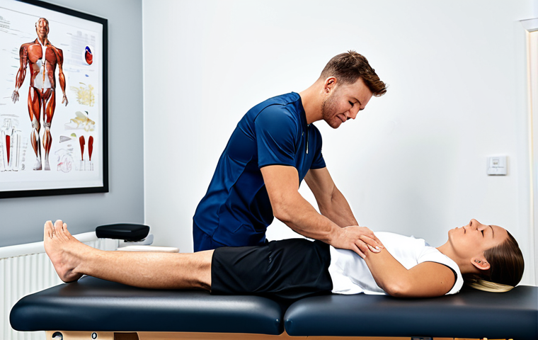 Focused Athlete Recovery**

"A fully clothed male athlete, mid-twenties, receiving a sports massage on his calf muscle from a female therapist in a modern clinic setting. The athlete is relaxed, wearing athletic shorts and a t-shirt. The therapist is focused, wearing professional attire. The clinic is clean and bright with massage tables and anatomical charts visible in the background. Safe for work, appropriate content, professional, modest, perfect anatomy, natural proportions, high quality photography, family-friendly."

**
