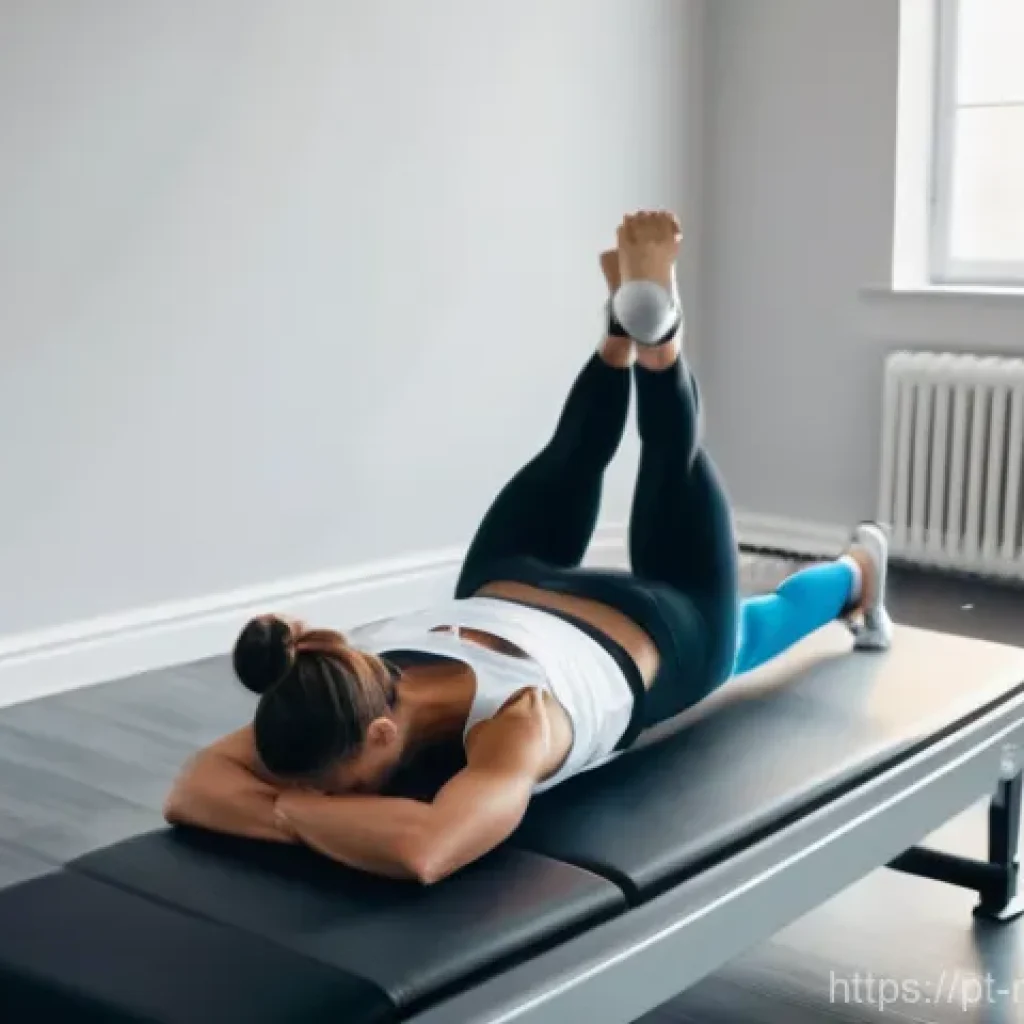 스포츠마사지사와 필라테스의 연계 - **Prompt:** A dynamic and brightly lit Pilates studio scene. In the foreground, a fit female athlete...