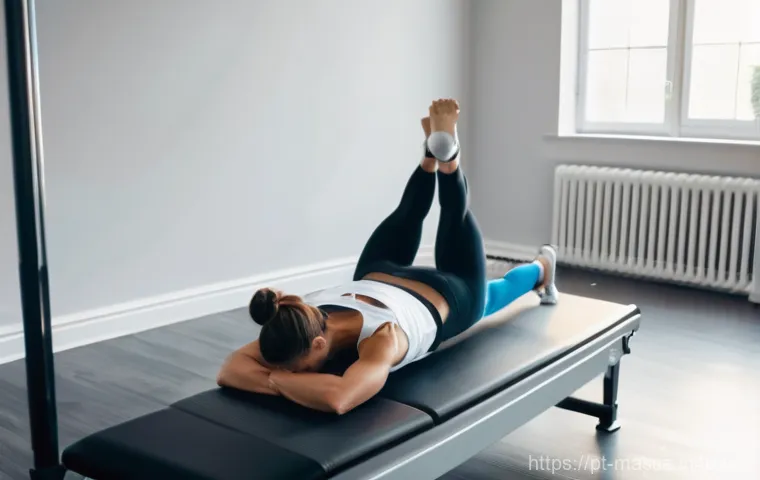 스포츠마사지사와 필라테스의 연계 - **Prompt:** A dynamic and brightly lit Pilates studio scene. In the foreground, a fit female athlete...