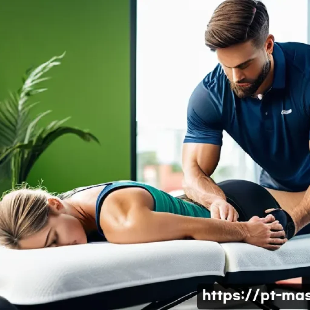 스포츠마사지사와 영양학 기초 - A detailed and vibrant scene of a professional sports massage session in a modern gym setting, focus...