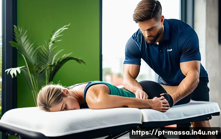 스포츠마사지사와 영양학 기초 - A detailed and vibrant scene of a professional sports massage session in a modern gym setting, focus...