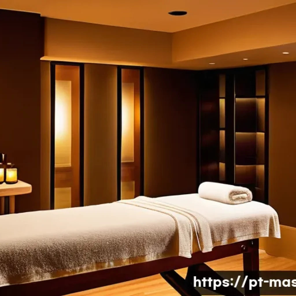 스포츠마사지사 고객 서비스 사례 - A serene massage therapy room designed for a personalized sports massage session, featuring soft war...