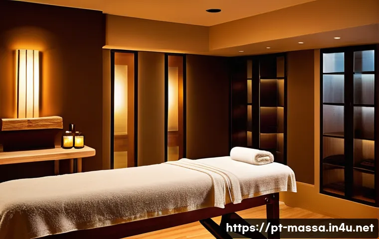 스포츠마사지사 고객 서비스 사례 - A serene massage therapy room designed for a personalized sports massage session, featuring soft war...