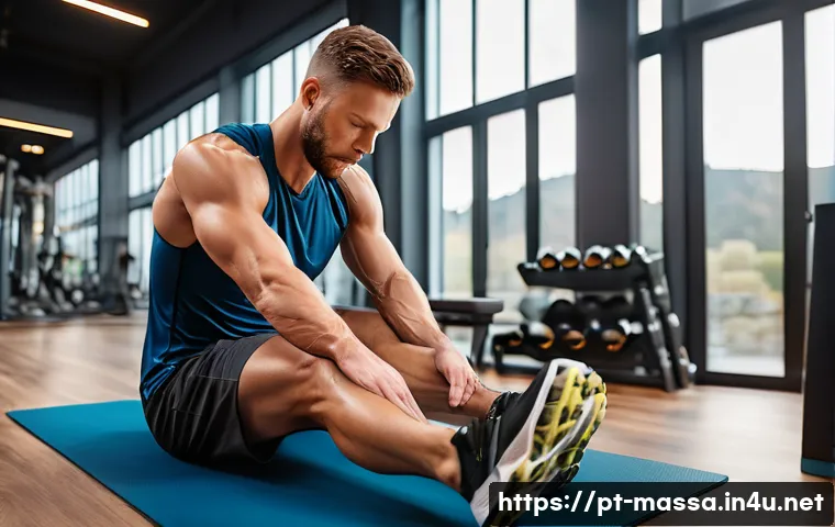 스포츠마사지사와 SNS 마케팅 - A professional sports massage therapist working attentively on a male runner&rsquo;s quadriceps and calves...