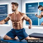 스포츠마사지사와 디지털 마케팅 - A professional physiotherapist in a modern, well-lit clinic setting demonstrating muscle recovery te...