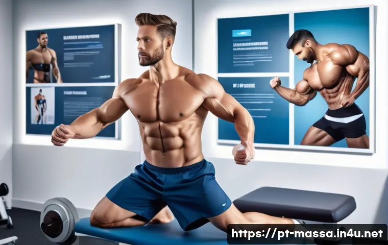 스포츠마사지사와 디지털 마케팅 - A professional physiotherapist in a modern, well-lit clinic setting demonstrating muscle recovery te...