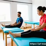 스포츠마사지사 학원 선택 요령 - A modern classroom setting in a Brazilian massage sports training school, featuring diverse adult st...