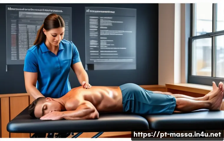 스포츠마사지사 합격률 높은 학습법 - A detailed, realistic illustration of a sports massage training session showing a young adult athlet...
