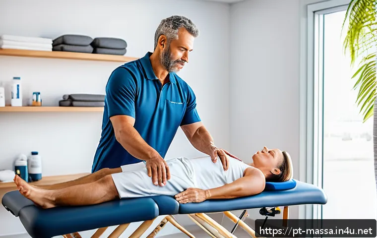 스포츠마사지사 고객 신뢰 구축 사례 - A professional sports massage therapist in a clean, modern clinic setting, attentively conducting a ...