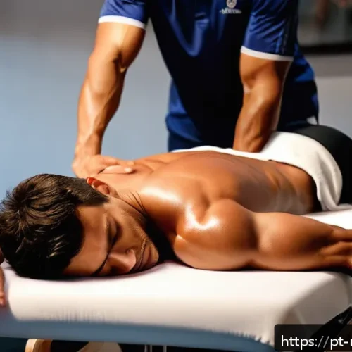 스포츠마사지사와 체력 관리 - A professional sports massage therapy session in a modern gym setting, showing a fit adult athlete l...