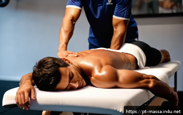 스포츠마사지사와 체력 관리 - A professional sports massage therapy session in a modern gym setting, showing a fit adult athlete l...
