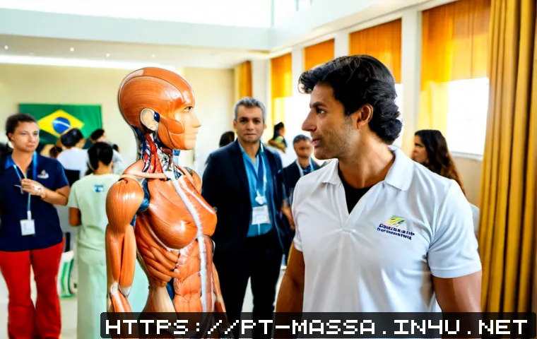 Home 17 스포츠마사지사 전문 학회 정보 - Photorealistic Brazilian sports massage professional attending a modern physiotherapy association co...